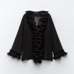 ZARA PLEATED RUFFLE SEMI-SHEER BLOUSE